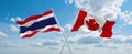 two crossed flags canada and Thailand waving in wind at cloudy sky. Concept of relationship, dialog, travelling between two