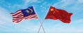 two crossed flags china and Malaysia waving in wind at cloudy sky. Concept of relationship, dialog, travelling between two