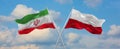 two crossed flags Iran and Poland waving in wind at cloudy sky. Concept of relationship, dialog, travelling between two countries