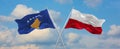 two crossed flags Kosovo and Poland waving in wind at cloudy sky. Concept of relationship, dialog, travelling between two