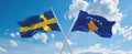 two crossed flags Kosovo and Sweden waving in wind at cloudy sky. Concept of relationship, dialog, travelling between two