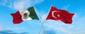 two crossed flags Mexico and Turkey waving in wind at cloudy sky. Concept of relationship, dialog, travelling between two