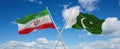 two crossed flags Pakistan and Iran waving in wind at cloudy sky. Concept of relationship, dialog, travelling between two