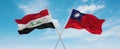two crossed flags Taiwan and Iraq waving in wind at cloudy sky. Concept of relationship, dialog, travelling between two countries