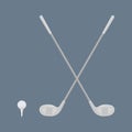 Two crossed Golf clubs, a ball and a Golf stand on a navy background.Sports equipment for golfing Royalty Free Stock Photo