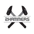 Two Crossed hammers symbol. Crossed carpenter hammers. Black hammer - tool for repair, maintenance, carpentry and locksmith work.