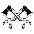 Two crossed hatchets with ribbon. Design element for logo, label, sign, poster, card, banner.