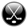 Two crossed hockey sticks and puck icon.