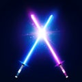 Two crossed light neon swords fight. Blue and purple crossing laser sabers war. Glowing rays in space.