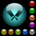 Two crossed meat cleavers icons in color illuminated glass buttons