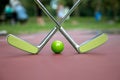 Two crossed minigolf iron rackets and a green ball at a minigolf