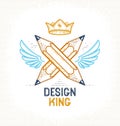 Two crossed pencils with wings and crown, vector simple trendy logo or icon for designer or studio, creative king, royal design,