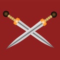 Gladius swords of gladiators on a red background