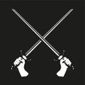 Two crossed swords in their hands. Vector illustration. Black and white view. Royalty Free Stock Photo