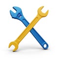 Two crossed wrenches blue and yellow isolated tools for repair and construction projects Royalty Free Stock Photo