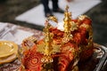 Two wedding crowns in church close up