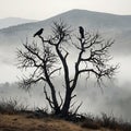 Two Crows Perched on a Bare Winter Tree on a Misty Mountain Morning Royalty Free Stock Photo