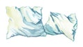 Two crumpled pillows in white pillow cases. Graphic drawing with watercolor. on white background