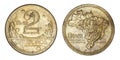 Two cruzeiros brazilian old coin 1949, front and back faces isolated on white background