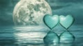 Two crystal hearts reflecting moonlight on tranquil water Royalty Free Stock Photo