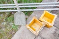 Empty concrete cube molds for compressive strength test of the cement mixture Royalty Free Stock Photo