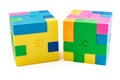 Two cube puzzle of multi-colored rubber shapes. Concept of decision making process, creative, logical thinking. Logical tasks Royalty Free Stock Photo