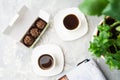 Two cup of coffee and chocolate sweets in cafe Royalty Free Stock Photo