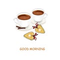 Two cup of coffee cookies Good morning banner. White cup yellow cookies on white art design elements stock Royalty Free Stock Photo