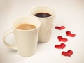 Two cup of coffee with 5 red glitter hearts decorated on white background Royalty Free Stock Photo