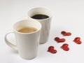 Two cup of coffee with red glitter hearts on white background Royalty Free Stock Photo