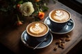 Two cup of hot coffee cafe latte with beautiful latte art, roses and coffee beans, served on rustic wooden table, coffee lover and