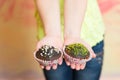 Two cupcakes of chocolate in childs hand Royalty Free Stock Photo