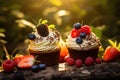 two cupcakes with frosting and berries