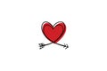 Two Cupid s arrows in the continuous drawing of lines in the form of a heart in a flat style. Continuous black line