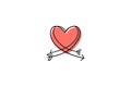 Two Cupid s arrows in the continuous drawing of lines in the form of a heart in a flat style. Continuous black line