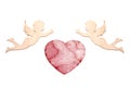 Two cupids and a heart made of wood texture. A celebration of love.