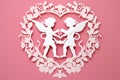 two cupids in a heart paper cutting technique, laser cut romantic card, template for Valentine\'s Day