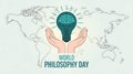 Two cupped hands hold a teal lightbulb with a brain inside over a world map idea Royalty Free Stock Photo