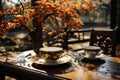 Two cups and autumn decor with flowers, sunny day. Generative AI