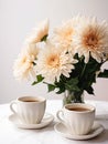 Two cups of black coffee and bouquet of light pink chrysanthemum flowers.