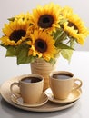 Two cups of black coffee and bouquet of sunflowers in a vase. Royalty Free Stock Photo