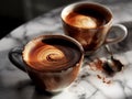 Two cups brimming with freshly brewed coffee resting on a tabletop, AI-generated.