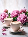 Two cups of cappuccino and bouquet of pink peonies.