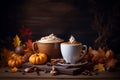 Cup of cappuccino coffee and hot chocolate with autumn leaves on wooden board. Royalty Free Stock Photo