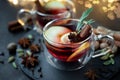 Two cups of Christmas mulled wine or gluhwein with spices and lemon slices on dark wooden background with defocused lights. Royalty Free Stock Photo