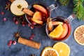Two cups of christmas mulled wine or gluhwein with spices and orange slices on rustic table top view. Traditional drink on winter Royalty Free Stock Photo
