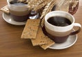 Two cups of coffee and basket Royalty Free Stock Photo