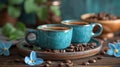 Two Cups of Coffee with Beans and Flowers Royalty Free Stock Photo