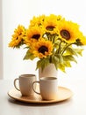 Two cups of coffee and bouquet of sunflowers in a vase. Royalty Free Stock Photo