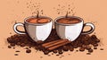 two cups of coffee and cinnamon on a beige background